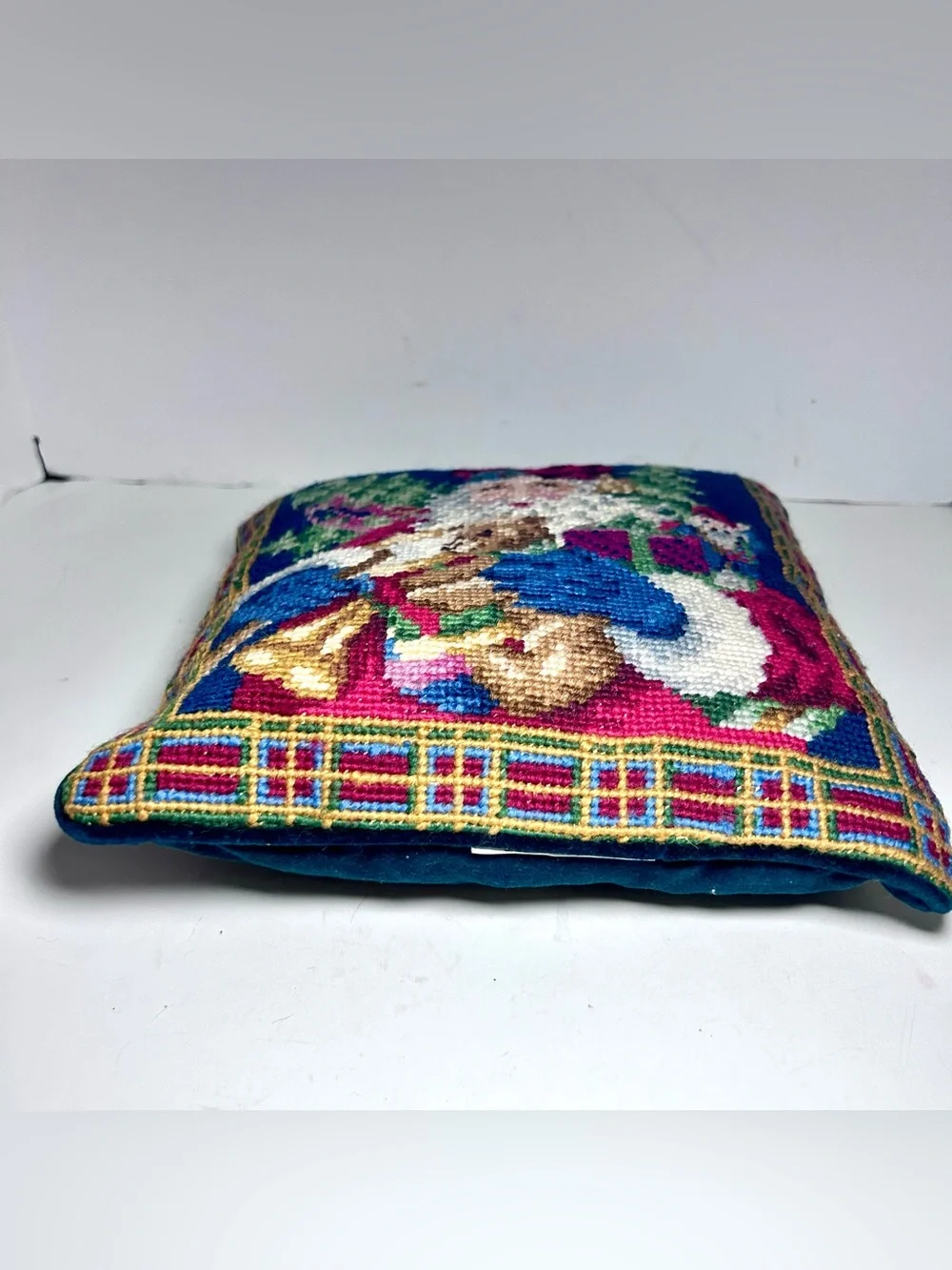 Vintage Needlepoint Santa Claus Presents Throw Pillow Green Velvet